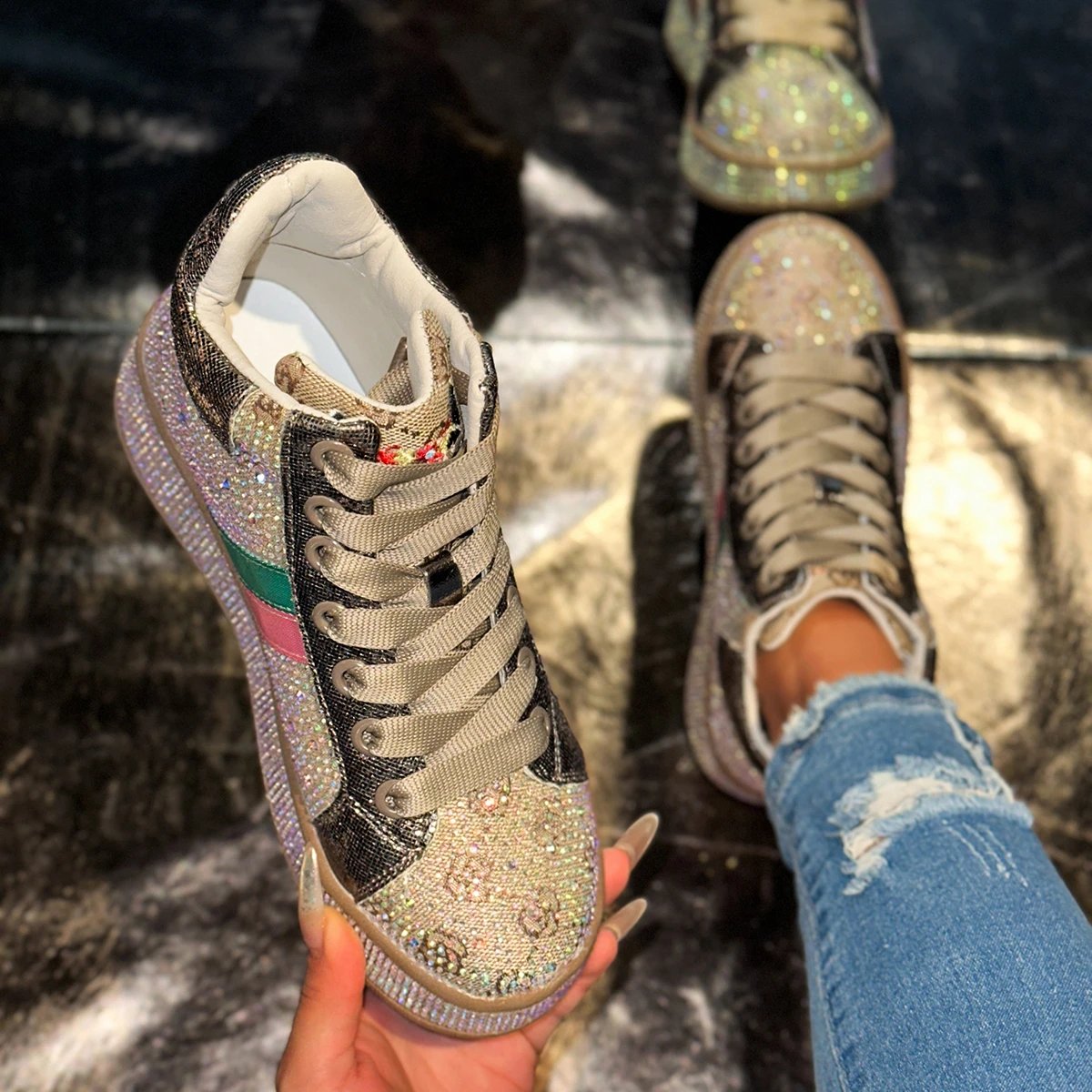 High Top Rhinestone Printing Women's Platform Shoes New Heightened Casual Sneakers Shine Design Outdoor Shoes Luxury Sneakers