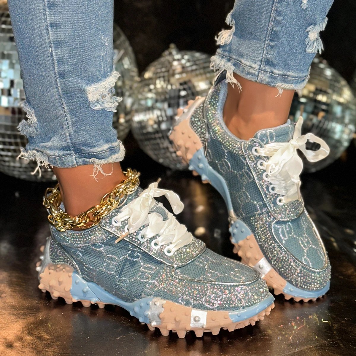 Women Rhinestone Fashionable Luxury Sports Shoes Outdoor Platform Sneakers Anti Slip Running Shoes Designer Sports Leisure Shoes
