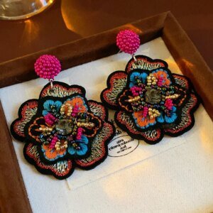 Ethnic Style Embroidered Flower Dangle Earring