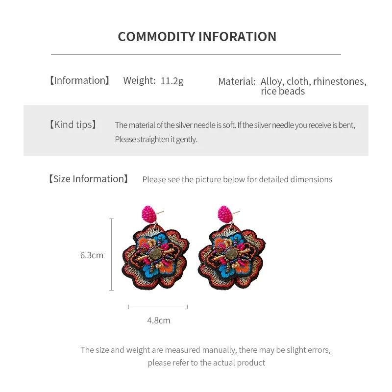 Ethnic Style Colorful Embroidered Flower Dangle Earrings for Women Retro Rice Beads Drop Earring Chic Holiday Hanging Decor M