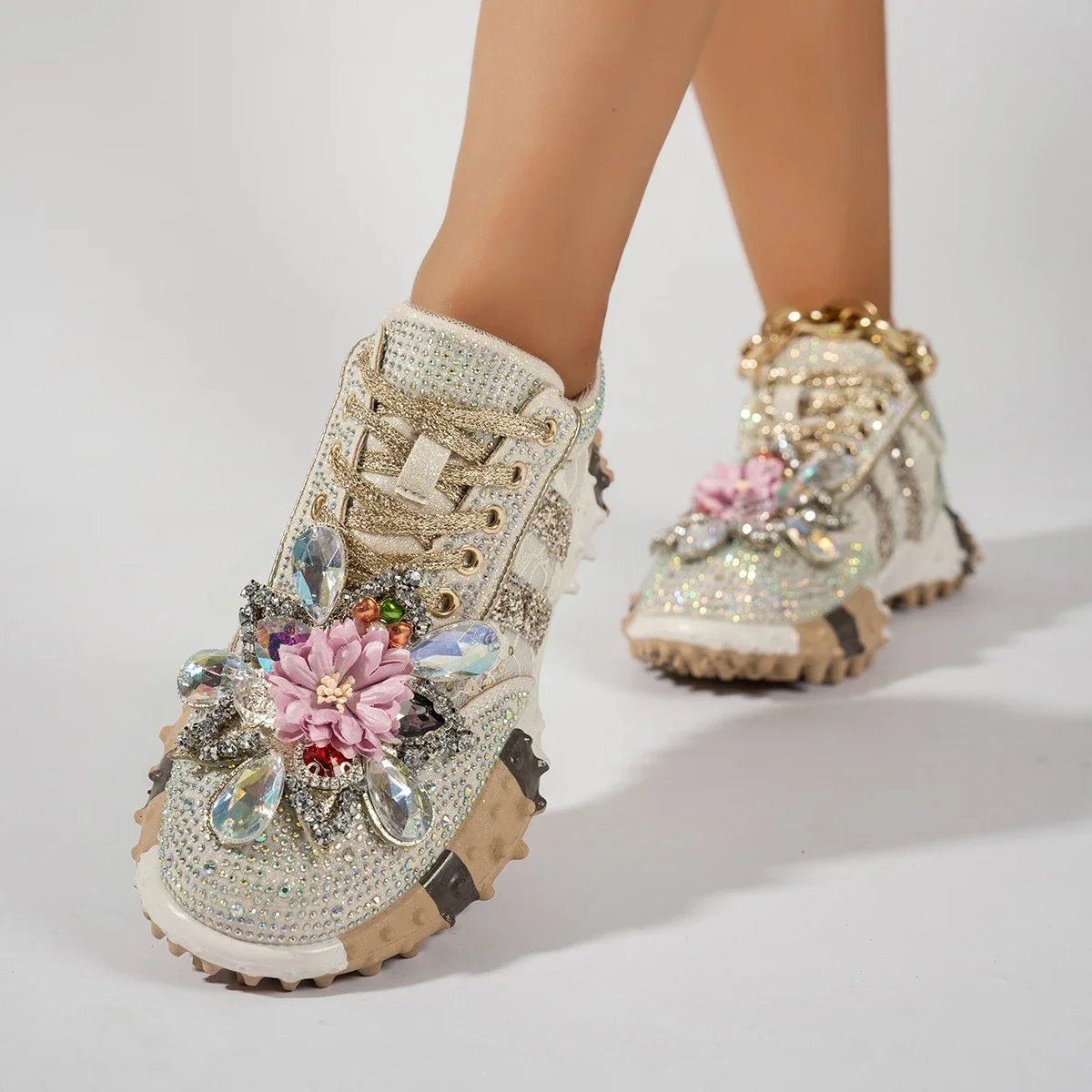 Luxury Platform Sneakers Full Diamond Designer Shoes Versatile Non-slip Water Diamond Casual Skateboard Shoes Zapatos De Mujer
